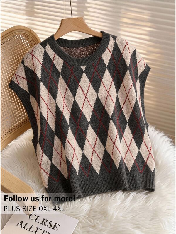 CosyJoli Plus Size Elegant 1960s 90s French Casual Commute Inner Layer Diamond Lattice Knit Vest Sweater Top For Women Autumn/Winter Teacher Grey Apricot