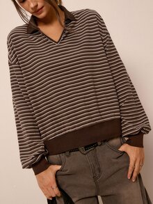 Freevana 復古針織條紋長袖翻領T恤 - 棕色 - 查看 4