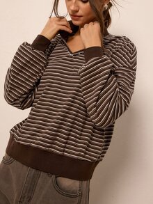 Freevana 復古針織條紋長袖翻領T恤 - 棕色 - 查看 3