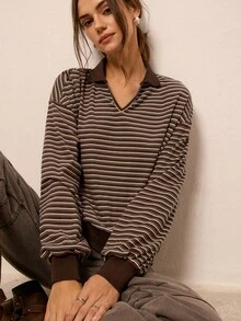 Freevana 復古針織條紋長袖翻領T恤 - 棕色 - 查看 1