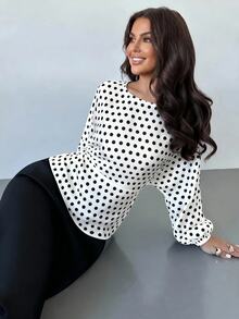 SHEIN PETITE CURVE 大尺碼波點印花蝙蝠袖上衣 秋季款 - 黑與白 - 查看 8