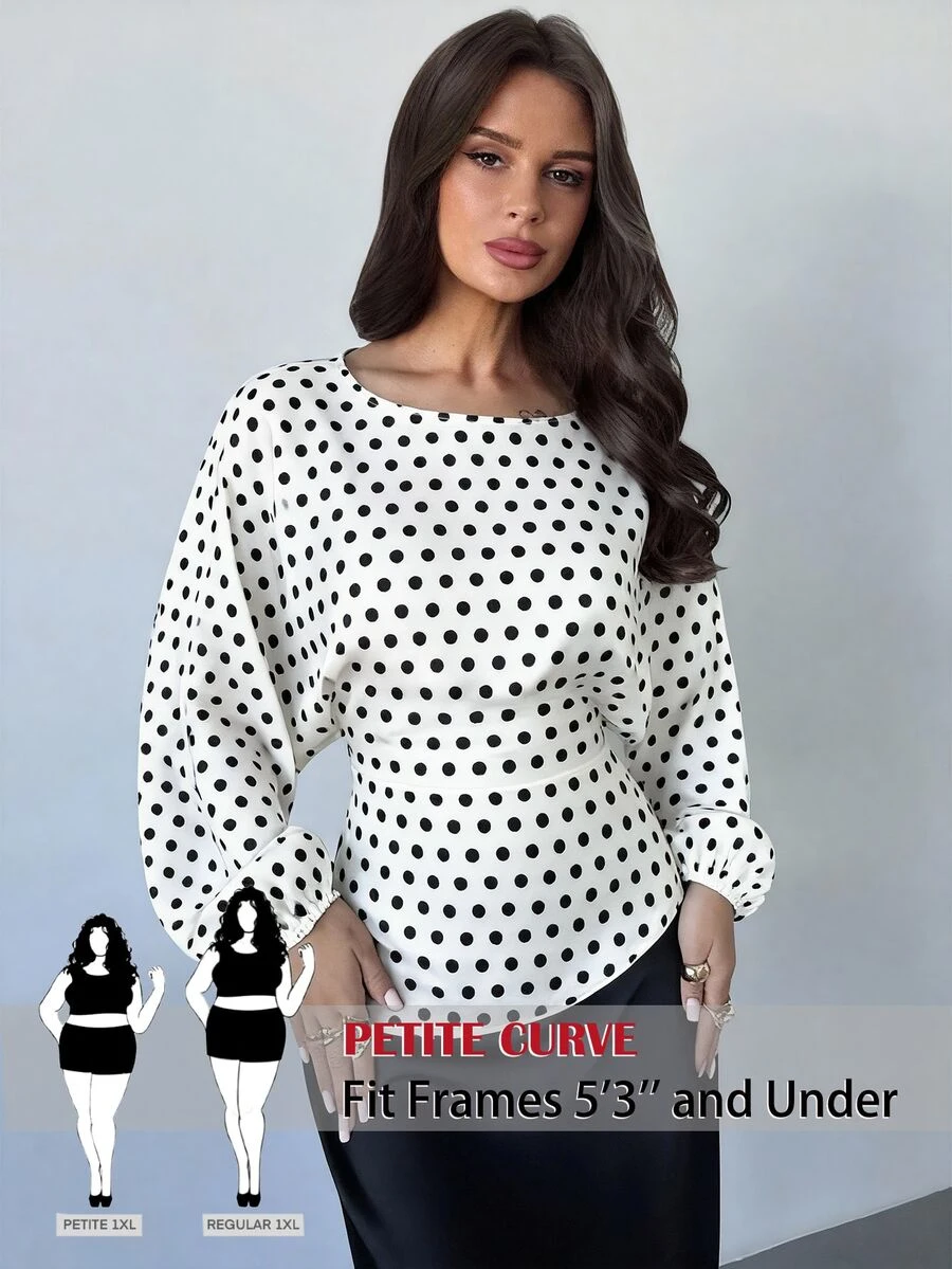 SHEIN PETITE CURVE 大尺碼波點印花蝙蝠袖上衣 秋季款 - 黑與白 - 查看 1