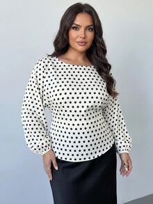 SHEIN PETITE CURVE 大尺碼波點印花蝙蝠袖上衣 秋季款 - 黑與白 - 查看 10