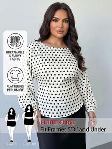 SHEIN PETITE CURVE 大尺碼波點印花蝙蝠袖上衣 秋季款 - 黑與白 - 查看 3