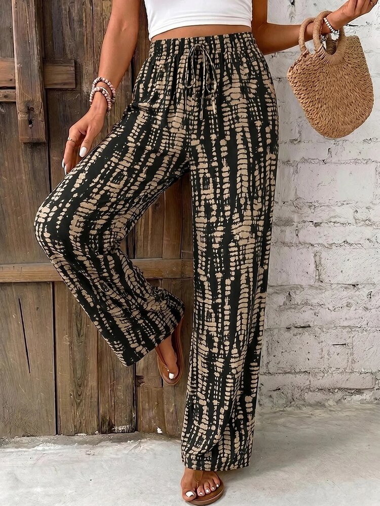 SHEIN PETITE CURVE Plus Size Women's Casual Drawstring Waist Colorblock Wide Leg Pants Fall - Multicolor - View 6