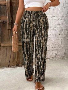 SHEIN PETITE CURVE 大尺碼女款休閒抽繩腰拼接配色寬腿長褲 秋季 - 彩色 - 查看 7