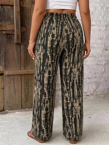 SHEIN PETITE CURVE 大尺碼女款休閒抽繩腰拼接配色寬腿長褲 秋季 - 彩色 - 查看 2