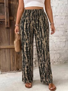 SHEIN PETITE CURVE 大尺碼女款休閒抽繩腰拼接配色寬腿長褲 秋季 - 彩色 - 查看 5