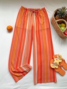 SHEIN Tall CURVE 條紋彈性腰大尺碼女款直筒度假長褲 秋季 - 紅色 - 查看 7