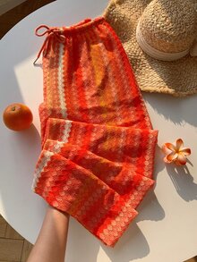 SHEIN Tall CURVE 條紋彈性腰大尺碼女款直筒度假長褲 秋季 - 紅色 - 查看 4