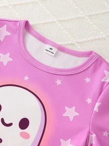 女童甜美可愛優雅休閒日常舒適親膚針織高彈力面料夢幻五角星幽靈南瓜萬聖節卡通印花夜光印花圓領短袖上衣配長褲2件套修身居家服 - 彩色 - 查看 6