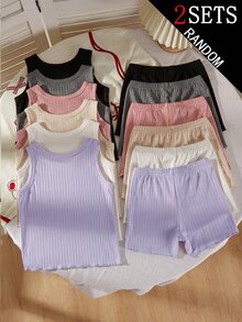【6套隨機發2套】少女秋冬針織羅紋圓領背心短褲8件套，羅紋面料，灰色、棕色、杏色、粉色、多色，熱銷休閒內搭內衣，4件2套 - 彩色 - 查看 4
