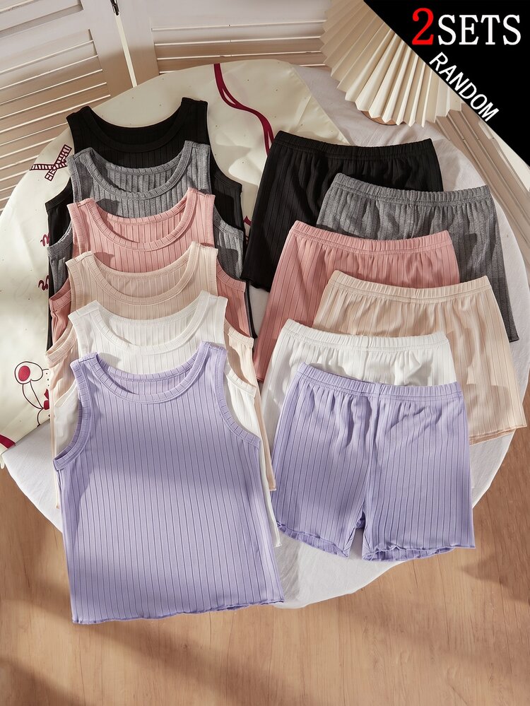[6 Sets Randomly Send 2 Sets]Young Girl Autumn/Winter Knitted Ribbed Crew Neck Tank Top & Shorts 8-Piece Set, Ribbed Fabric, Gray, Brown, Apricot, Pink, Multi-Color, Hot-Selling Casual Base Layer Underwear, 4-Piece 2-Set - Multicolor - View 1