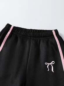SHEIN 女童 2 件套時尚長袖連帽衛衣外套與寬腿褲套裝，袖口蝴蝶結裝飾，柔軟抓絨針織面料，休閒風 - 黑色 - 查看 8