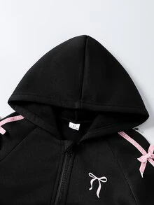 SHEIN 女童 2 件套時尚長袖連帽衛衣外套與寬腿褲套裝，袖口蝴蝶結裝飾，柔軟抓絨針織面料，休閒風 - 黑色 - 查看 7