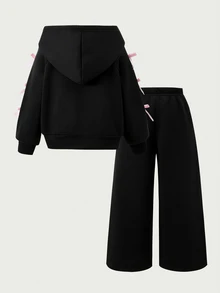 SHEIN 女童 2 件套時尚長袖連帽衛衣外套與寬腿褲套裝，袖口蝴蝶結裝飾，柔軟抓絨針織面料，休閒風 - 黑色 - 查看 2
