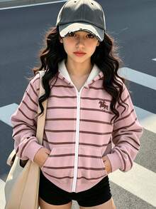 Striped Pattern Sweatshirt, Suitable For Little Girls To Wear In Autumn And Winter, Comfortable Minimalist Casual Daily Style - Multicolor - View 4