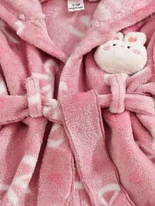 SHEIN 1件新生女嬰粉色蝴蝶結印花連帽抓絨內裡加厚長袖外套，附腰帶、帽子與拖鞋，休閒可愛保暖毛絨套裝，適合秋冬日常穿著或居家穿著 - 淺粉色 - 查看 7