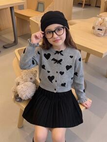 SHEIN 幼童女童秋冬灰色甜美長袖蝴蝶結愛心針織衫與裙子套裝，返校穿搭，舒適柔軟，節慶聖誕套裝 - 灰色 - 查看 7