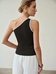 MOTF PREMIUM ONE SHOULDER CONTRAST BINDING SLIM FIT TOP - Black - View 3