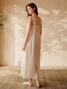 MOTF PREMIUM WOMEN'S MINIMALIST CONTRAST LACE SLEEP DRESS - Beige - View 3