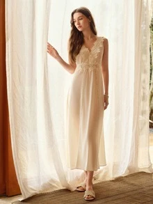 MOTF PREMIUM WOMEN'S MINIMALIST CONTRAST LACE SLEEP DRESS - Beige - View 4