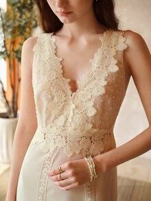 MOTF PREMIUM WOMEN'S MINIMALIST CONTRAST LACE SLEEP DRESS - Beige - View 6