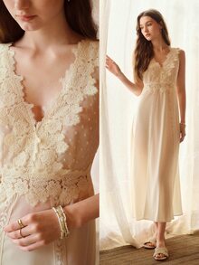 MOTF PREMIUM WOMEN'S MINIMALIST CONTRAST LACE SLEEP DRESS - Beige - View 1