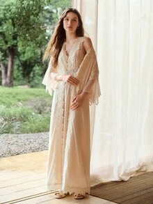 MOTF PREMIUM WOMEN'S MINIMALIST CONTRAST LACE SLEEP DRESS - Beige - View 7