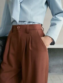 MOTF PREMIUM WOMEN SOLID FOLD PLEATED WIDE LEG PANTS - Brown - View 2