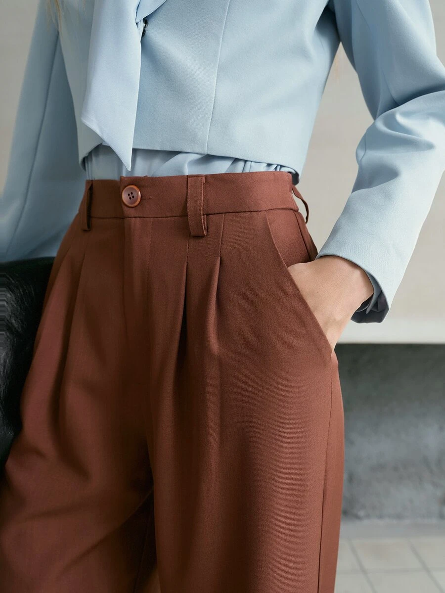 MOTF PREMIUM WOMEN SOLID FOLD PLEATED WIDE LEG PANTS - Brown - View 2