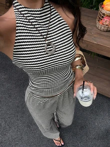 SHEIN EZwear 女款夏季黑白條紋格紋針織掛脖上衣與長褲套裝，海灘度假風，休閒時尚 - 黑色 - 查看 4