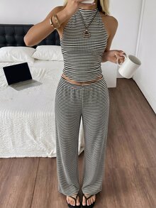 SHEIN EZwear 女款夏季黑白條紋格紋針織掛脖上衣與長褲套裝，海灘度假風，休閒時尚 - 黑色 - 查看 7