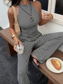 SHEIN EZwear 女款夏季黑白條紋格紋針織掛脖上衣與長褲套裝，海灘度假風，休閒時尚 - 黑色 - 查看 8