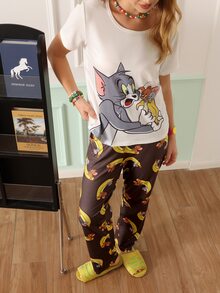 Chillnights TOM & JERRY X SHEIN Women's Round Neck Cartoon Print Short Sleeve Top And Shorts Casual Daily Home Sleepwear Set - Multicolor - View 3