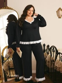 Côtesoire Plus Size Colorblock Lace Patchwork Top And Pants Pajama Set - Black - View 5
