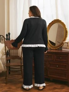 Côtesoire Plus Size Colorblock Lace Patchwork Top And Pants Pajama Set - Black - View 2
