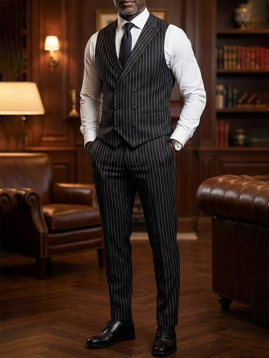 Manfinity Mode Men 1pc Vertical Striped Waistcoat & 1pc Suit Pants - Black - View 1