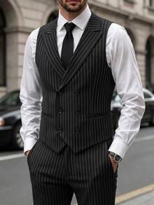 Manfinity Mode Men 1pc Vertical Striped Waistcoat & 1pc Suit Pants - Black - View 3