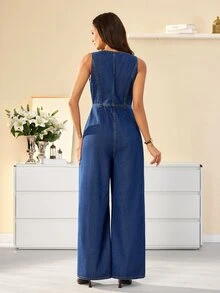 Selenza 女款休閒街頭風通勤日用度假牛仔連身褲 海軍藍 夏季 - 藍色 - 查看 3