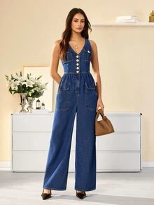 Selenza 女款休閒街頭風通勤日用度假牛仔連身褲 海軍藍 夏季 - 藍色 - 查看 2