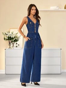 Selenza 女款休閒街頭風通勤日用度假牛仔連身褲 海軍藍 夏季 - 藍色 - 查看 4