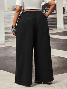 Slaydiva Celana Jeans Denim Hitam Mutiara Lipit Luar Ruangan Ukuran Besar untuk Wanita, Cocok untuk Semua Musim - Hitam - View 2