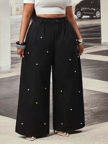 Slaydiva Celana Jeans Denim Hitam Mutiara Lipit Luar Ruangan Ukuran Besar untuk Wanita, Cocok untuk Semua Musim - Hitam - View 8