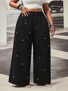 Slaydiva Celana Jeans Denim Hitam Mutiara Lipit Luar Ruangan Ukuran Besar untuk Wanita, Cocok untuk Semua Musim - Hitam - View 5