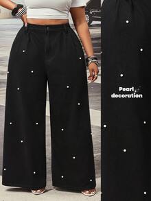 Slaydiva Celana Jeans Denim Hitam Mutiara Lipit Luar Ruangan Ukuran Besar untuk Wanita, Cocok untuk Semua Musim - Hitam - View 9