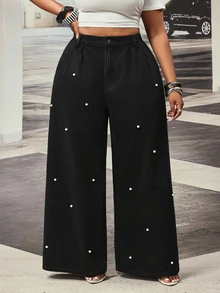 Slaydiva Celana Jeans Denim Hitam Mutiara Lipit Luar Ruangan Ukuran Besar untuk Wanita, Cocok untuk Semua Musim - Hitam - View 4