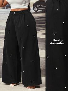 Slaydiva Celana Jeans Denim Hitam Mutiara Lipit Luar Ruangan Ukuran Besar untuk Wanita, Cocok untuk Semua Musim - Hitam - View 1