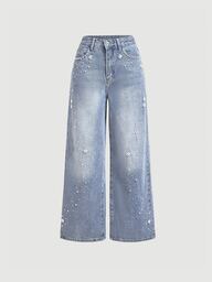 Sweetra Women's Denim Jeans, All-Season Sweet Casual Pearl Straight-Leg Jeans, Suitable For Daily Commute, Travel, Outings, Versatile Denim Jeans