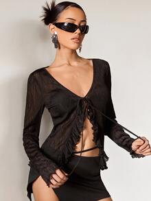 SHEIN ICON Tie Front Ruffle Trim Semi-sheer Top - Black - View 2
